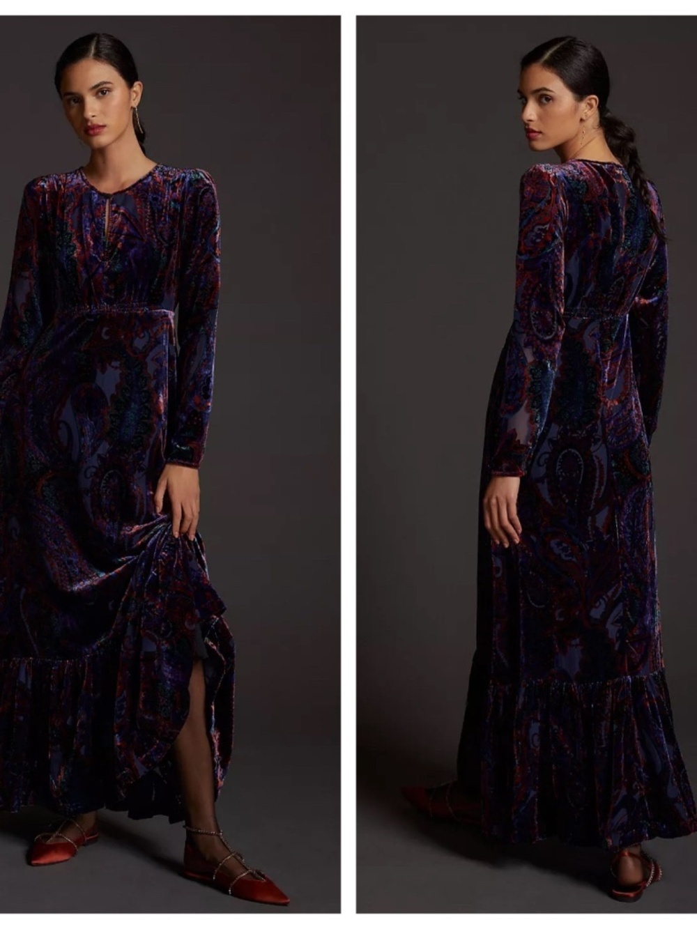 ANTHROPOLOGIE NWT Burnout Velvet Women’s 4P Blue/Red Maxi Dress Whimsigoth Dark